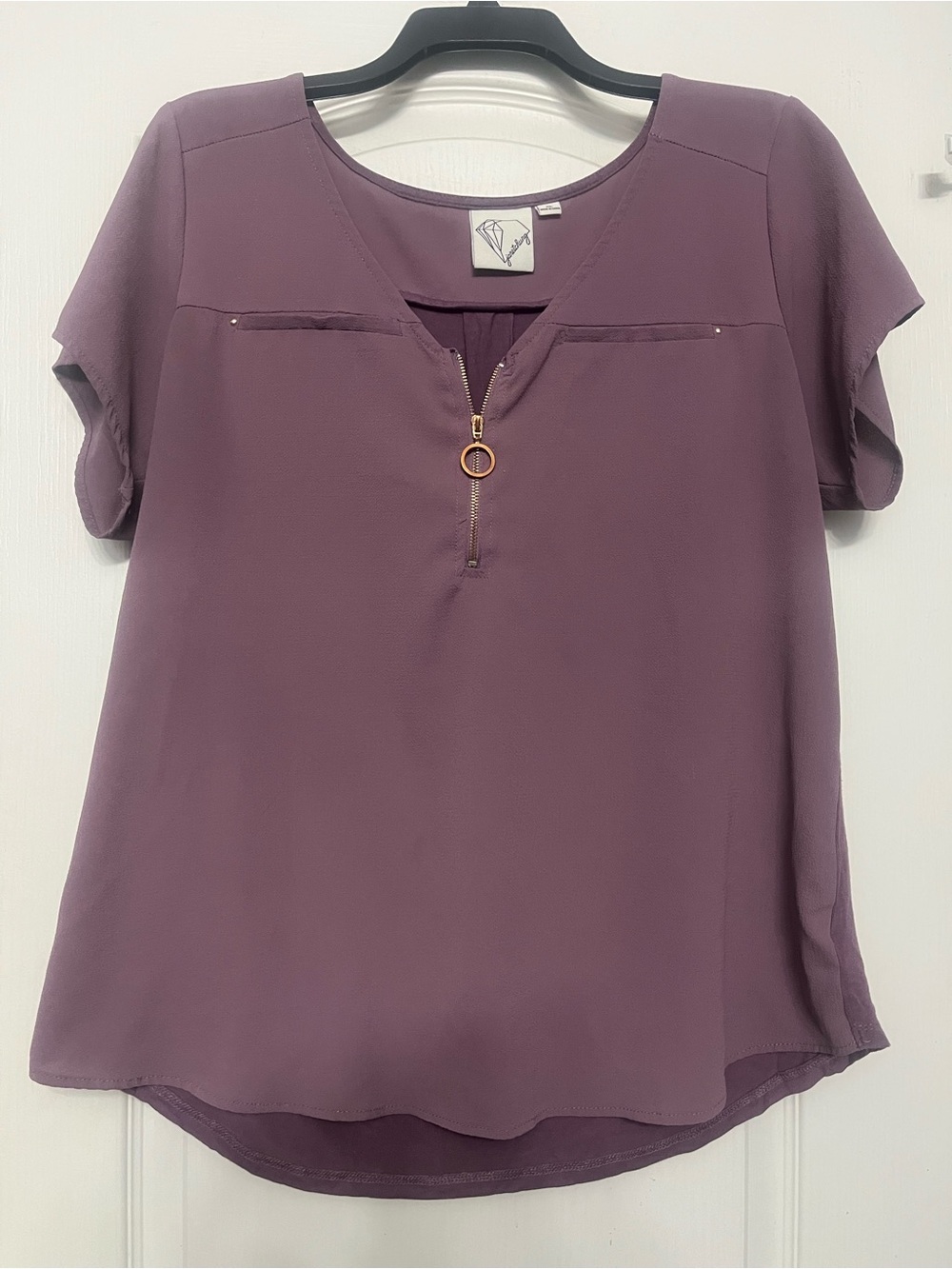 Janet Chung Short Sleeve Zip-Neck Blouse in Dark Dusty Rose/Mauve